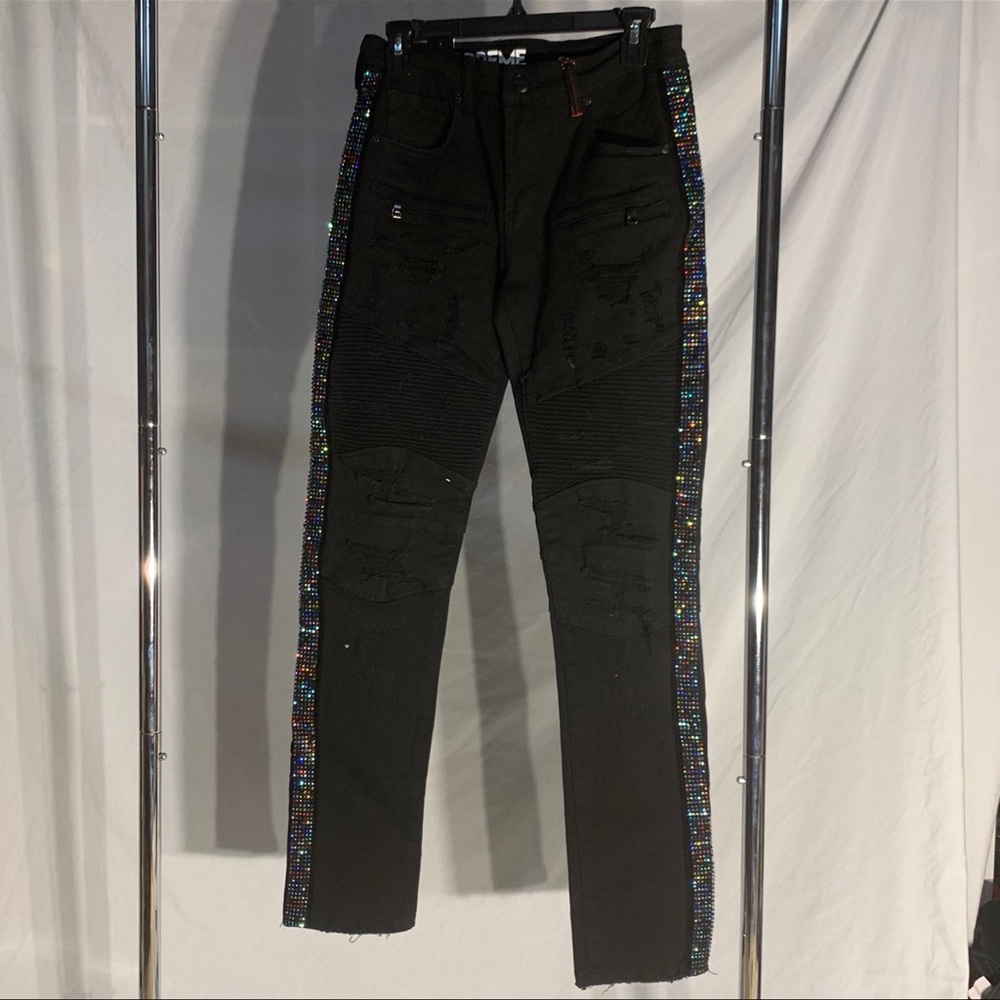 PREME Designer Bedazzled Ripped Black Denim‎ Jeans Streetwear Mens Sizes New